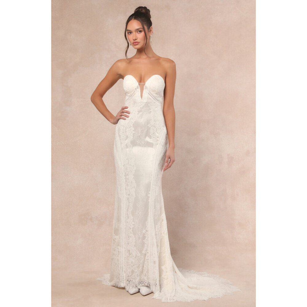 Lulus Lovita White Lace Strapless Mermaid Maxi Dress - Size M